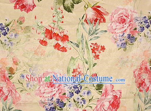 Chinese Traditional Fabric Classical Peony Pattern Design Yellow Brocade Cheongsam Satin Material Silk Fabric