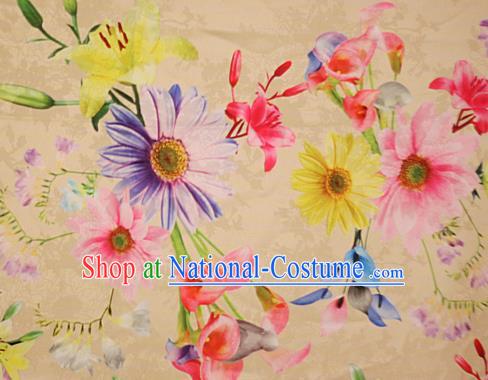 Chinese Traditional Fabric Classical Daisy Pattern Design Yellow Brocade Cheongsam Satin Material Silk Fabric