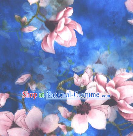 Chinese Traditional Cheongsam Fabric Classical Yulan Magnolia Pattern Blue Brocade Satin Material Silk Fabric