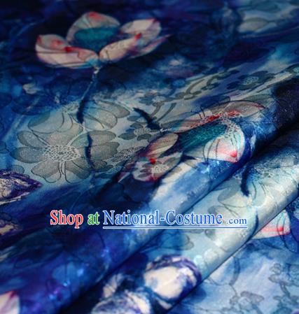 Chinese Traditional Hanfu Royal Printing Lotus Pattern Blue Brocade Material Cheongsam Classical Fabric Satin Silk Fabric