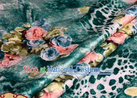 Chinese Traditional Hanfu Printing Roses Pattern Deep Green Brocade Material Cheongsam Classical Fabric Satin Silk Fabric