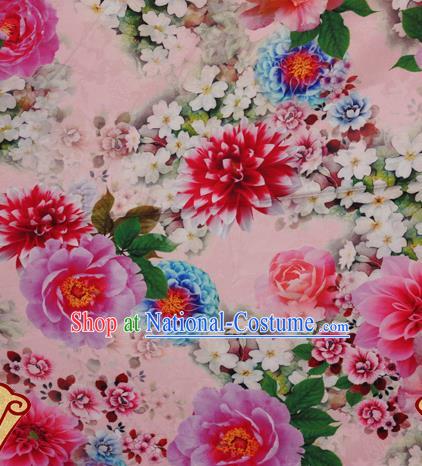 Chinese Traditional Hanfu Printing Peony Pattern Pink Brocade Material Cheongsam Classical Fabric Satin Silk Fabric