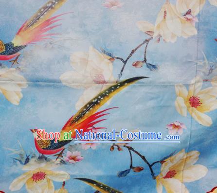 Chinese Traditional Hanfu Printing Magnolia Birds Pattern Blue Brocade Material Cheongsam Classical Fabric Satin Silk Fabric