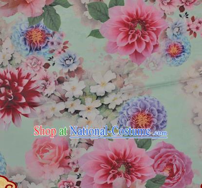 Chinese Traditional Hanfu Printing Peony Pattern Green Brocade Material Cheongsam Classical Fabric Satin Silk Fabric