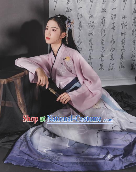 Chinese Ancient Jin Dynasty Young Lady Embroidered Hanfu Dress Traditional Swordswoman Historical Costume for Women