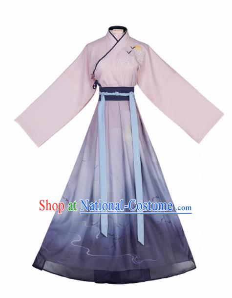 Chinese Ancient Jin Dynasty Young Lady Embroidered Hanfu Dress Traditional Swordswoman Historical Costume for Women