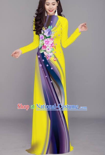 Vietnam Traditional Printing Flowers Yellow Aodai Cheongsam Asian Costume Vietnamese Bride Classical Qipao Dress for Women