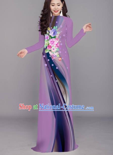 Vietnam Traditional Printing Flowers Purple Aodai Cheongsam Asian Costume Vietnamese Bride Classical Qipao Dress for Women