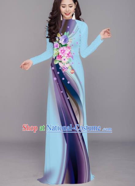 Vietnam Traditional Printing Flowers Blue Aodai Cheongsam Asian Costume Vietnamese Bride Classical Qipao Dress for Women