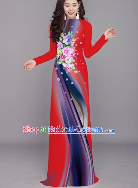 Vietnam Traditional Printing Flowers Red Aodai Cheongsam Asian Costume Vietnamese Bride Classical Qipao Dress for Women