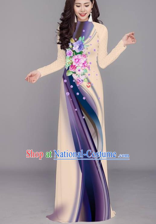 Vietnam Traditional Printing Flowers Beige Aodai Cheongsam Asian Costume Vietnamese Bride Classical Qipao Dress for Women