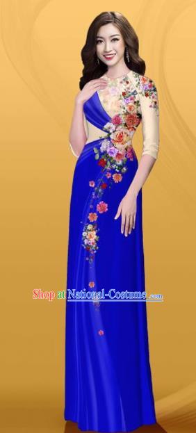 Vietnam Traditional Printing Roses Royalblue Aodai Cheongsam Asian Costume Vietnamese Bride Classical Qipao Dress for Women