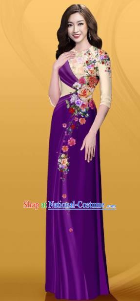 Vietnam Traditional Printing Roses Purple Aodai Cheongsam Asian Costume Vietnamese Bride Classical Qipao Dress for Women