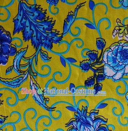 Chinese Traditional Fabric Cheongsam Printing Peony Yellow Brocade Material Hanfu Classical Satin Silk Fabric