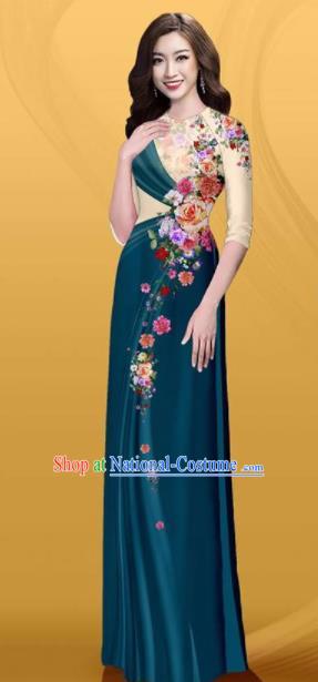 Vietnam Traditional Printing Roses Atrovirens Aodai Cheongsam Asian Costume Vietnamese Bride Classical Qipao Dress for Women