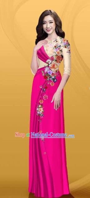 Vietnam Traditional Printing Roses Rosy Aodai Cheongsam Asian Costume Vietnamese Bride Classical Qipao Dress for Women