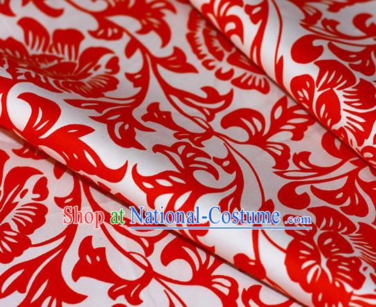 Chinese Traditional Fabric Cheongsam Printing Red Pattern Brocade Material Hanfu Classical Satin Silk Fabric