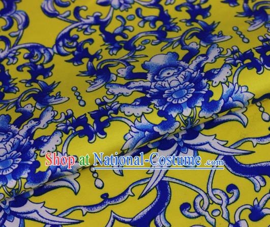 Chinese Traditional Fabric Cheongsam Printing Peony Pattern Yellow Brocade Material Hanfu Classical Satin Silk Fabric