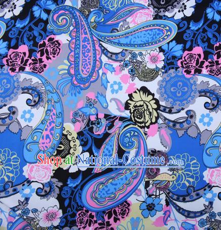 Chinese Traditional Fabric Cheongsam Printing Blue Brocade Material Hanfu Classical Satin Silk Fabric