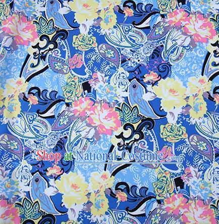 Chinese Traditional Fabric Cheongsam Printing Peony Blue Brocade Material Hanfu Classical Satin Silk Fabric