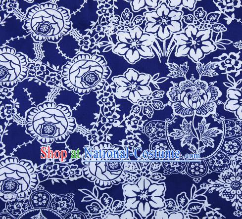 Chinese Traditional Fabric Cheongsam Printing Tulip Blue Brocade Material Hanfu Classical Satin Silk Fabric