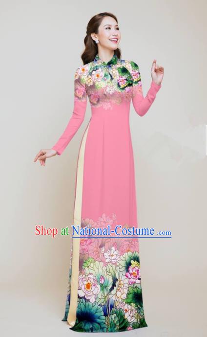 Vietnam Traditional Costume Printing Lotus Pink Aodai Cheongsam Asian Vietnamese Bride Classical Qipao Dress for Women