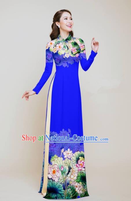 Vietnam Traditional Costume Printing Lotus Royalblue Aodai Cheongsam Asian Vietnamese Bride Classical Qipao Dress for Women