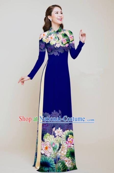 Vietnam Traditional Costume Printing Lotus Navy Aodai Cheongsam Asian Vietnamese Bride Classical Qipao Dress for Women