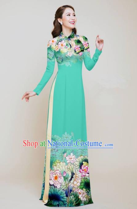 Vietnam Traditional Costume Printing Lotus Green Aodai Cheongsam Asian Vietnamese Bride Classical Qipao Dress for Women