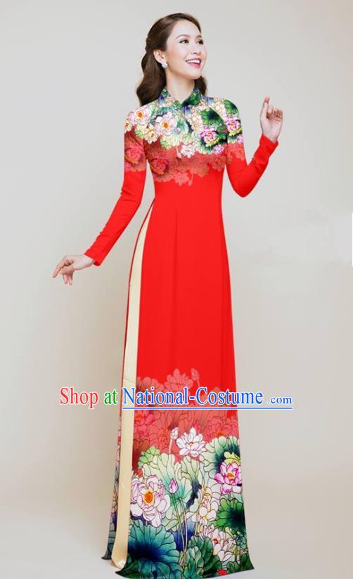 Vietnam Traditional Costume Printing Lotus Red Aodai Cheongsam Asian Vietnamese Bride Classical Qipao Dress for Women