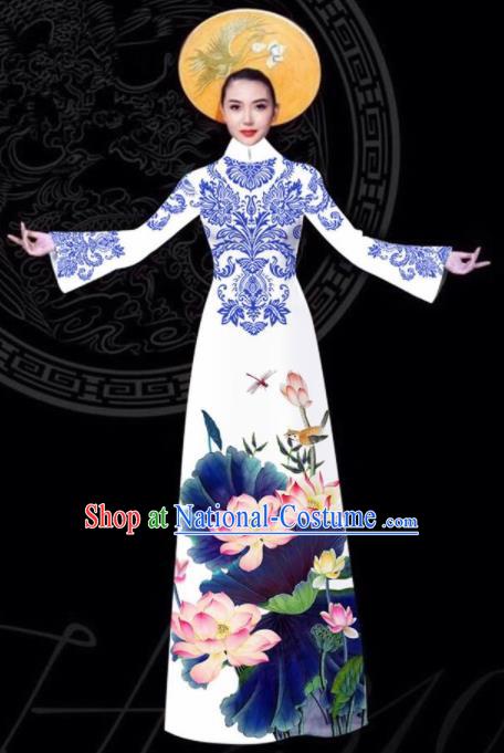 Vietnam Traditional Court Printing Lotus White Aodai Cheongsam Asian Vietnamese Queen Classical Qipao Dress for Women