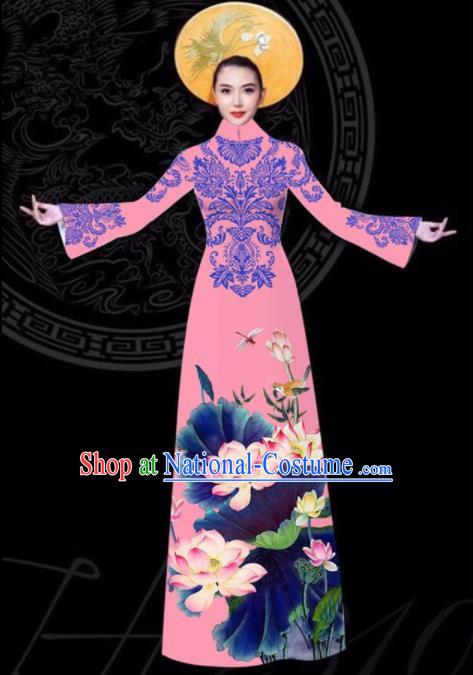 Vietnam Traditional Court Printing Lotus Pink Aodai Cheongsam Asian Vietnamese Queen Classical Qipao Dress for Women