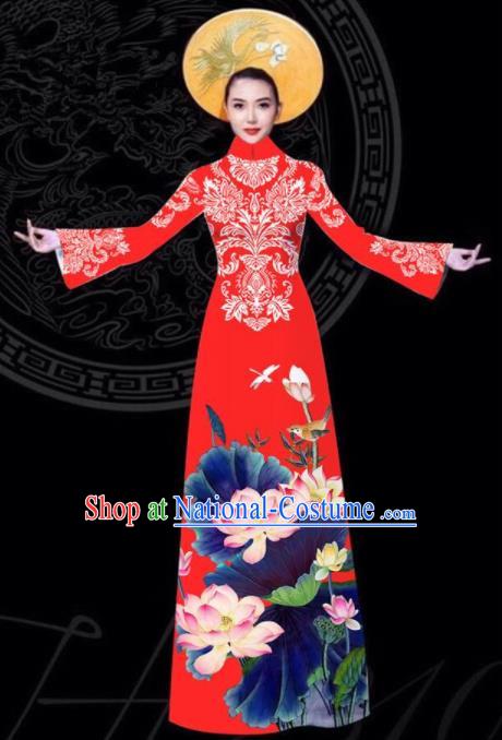 Vietnam Traditional Court Printing Lotus Red Aodai Cheongsam Asian Vietnamese Queen Classical Qipao Dress for Women