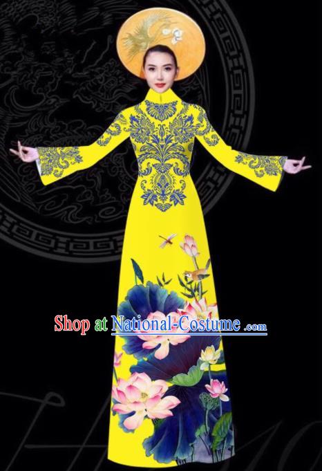 Vietnam Traditional Court Printing Lotus Yellow Aodai Cheongsam Asian Vietnamese Queen Classical Qipao Dress for Women