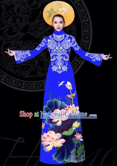 Vietnam Traditional Court Printing Lotus Blue Aodai Cheongsam Asian Vietnamese Queen Classical Qipao Dress for Women