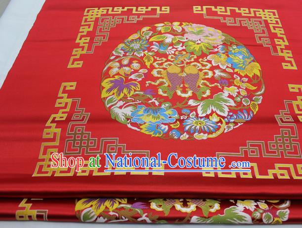 Chinese Traditional Tang Suit Red Brocade Royal Double Fishes Pattern Satin Fabric Material Classical Silk Fabric