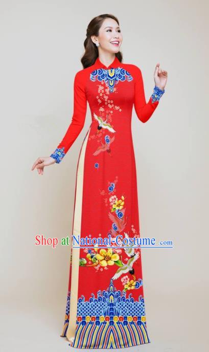 Vietnam Traditional Wedding Printing Flowers Cranes Red Aodai Cheongsam Asian Vietnamese Bride Classical Qipao Dress for Women