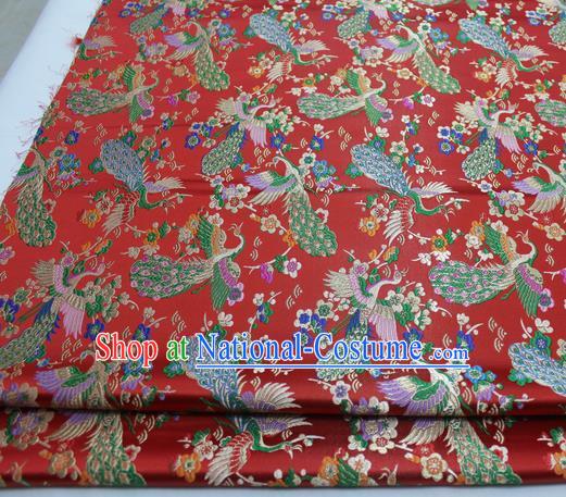 Chinese Traditional Tang Suit Royal Peacock Pattern Red Brocade Satin Fabric Material Classical Silk Fabric