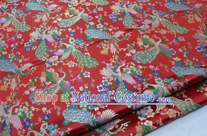 Chinese Traditional Tang Suit Royal Peacock Pattern Red Brocade Satin Fabric Material Classical Silk Fabric