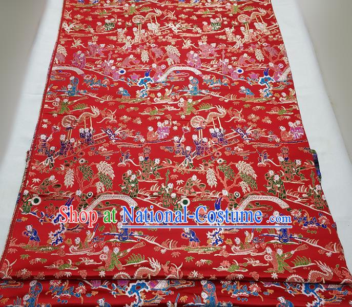 Chinese Traditional Tang Suit Royal Hundred Children Pattern Red Brocade Satin Fabric Material Classical Silk Fabric