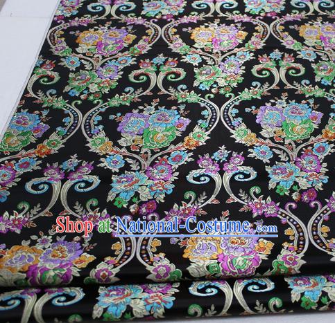 Asian Chinese Traditional Tang Suit Royal Peony Vase Pattern Black Brocade Satin Fabric Material Classical Silk Fabric