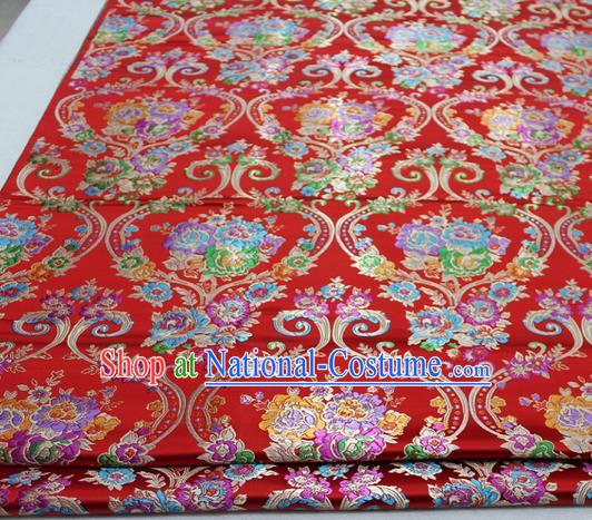 Asian Chinese Traditional Tang Suit Royal Peony Vase Pattern Red Brocade Satin Fabric Material Classical Silk Fabric