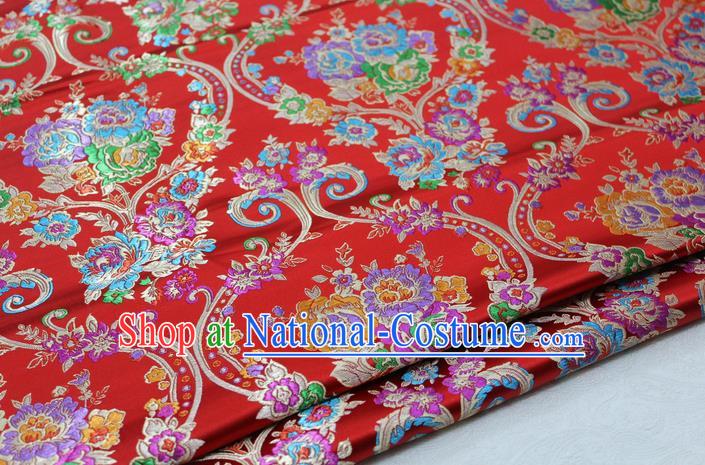 Asian Chinese Traditional Tang Suit Royal Peony Vase Pattern Red Brocade Satin Fabric Material Classical Silk Fabric