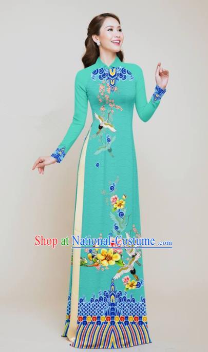 Vietnam Traditional Wedding Printing Flowers Cranes Green Aodai Cheongsam Asian Vietnamese Bride Classical Qipao Dress for Women