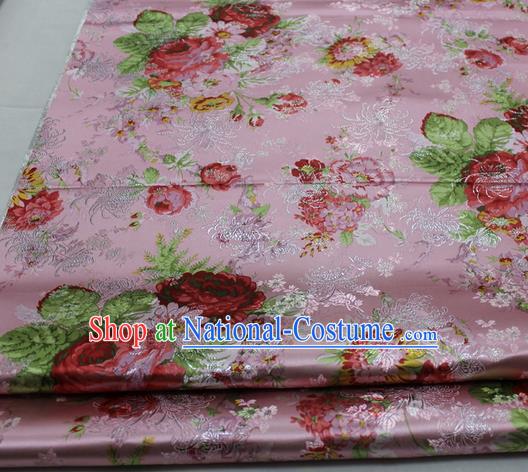 Chinese Traditional Fabric Royal Peony Pattern Pink Brocade Material Hanfu Classical Satin Silk Fabric