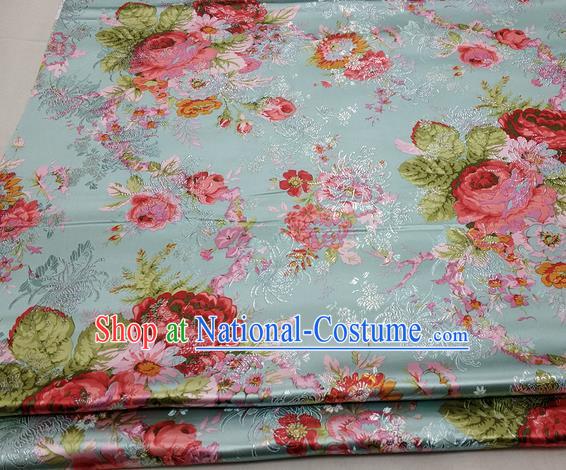 Chinese Traditional Fabric Royal Peony Pattern Green Brocade Material Hanfu Classical Satin Silk Fabric