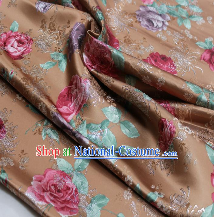 Chinese Traditional Fabric Royal Peony Pattern Brown Brocade Material Hanfu Classical Satin Silk Fabric