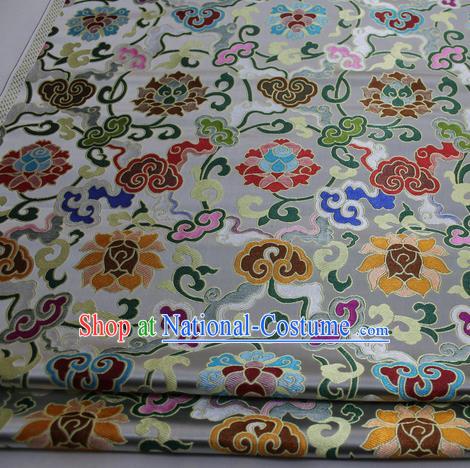 Chinese Traditional Fabric Royal Lotus Pattern White Brocade Material Hanfu Classical Satin Silk Fabric