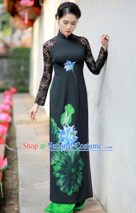 Vietnam Traditional Printing Lotus Black Lace Aodai Cheongsam Asian Vietnamese Bride Classical Qipao Dress for Women