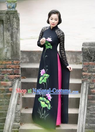 Vietnam Traditional Printing Lotus Black Aodai Cheongsam Asian Vietnamese Bride Classical Qipao Dress for Women